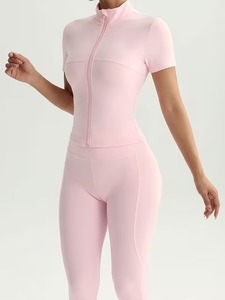 Womens Short Sleeve Full Zip <b>Mock</b> <b>Neck</b> <b>Top</b> and Flared Pants Set | 2 Piece Gym Workout Tracksuit Fitted Activewear Co ord - Product Image 5