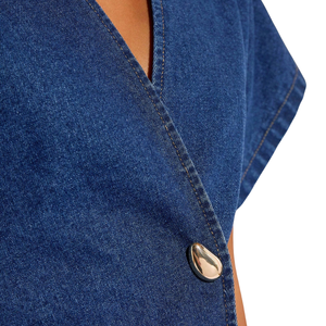 Women's Dark Blue Woven Denim Washed Button Wrap Style <b>Batwing</b> Sleeve V-Neck Casual Blouse Front Regular Fit Summer Office Wear - Product Image 5