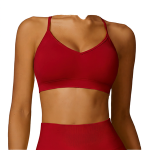 Soutien-gorge de sport pour femme jaune à col en V, maintien moyen, couleur unie, extensible, idéal pour le yoga et l'entraînement - Product Image 2