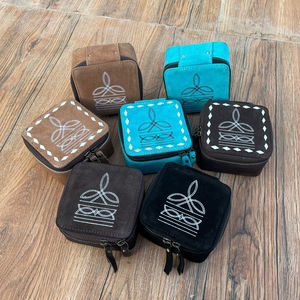 Nouveau noir botte point daim cuir carré boîte à bijoux Western bijoux boîte de rangement femmes voyage Portable fermeture éclair étui à bijoux - Product Image 5