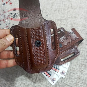 Étui en cuir végétal brun à anse pour couteau de chasse pliant, style sculpté, avec boucle de ceinture - Product Image 3