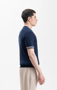 Camiseta de manga corta de punto acanalado azul marino para hombre, cuello redondo, corte regular, ribete en contraste, estilo casual - Product Image 2