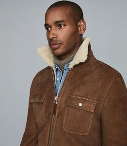 Men's Reversible Sherpa Lined Leather Aviator Shell <b>Jacket</b> Windproof Zip-Up with Front Pockets for Winter - Product Image 5