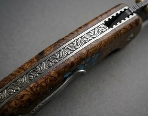 Couteau pliant artisanal de qualité industrielle en acier Damas, manche en résine bleue, ouverture coulissante, garantie 3 ans, couteau de poche EDC personnalisé Tarj - Product Image 3
