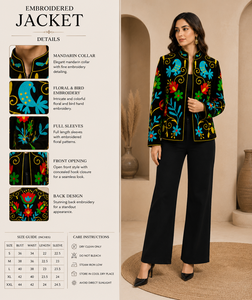 เสื้อแจ็คเก็ตปักมือสไตล์ซูซานีสำหรับผู้หญิง สีดำ ทรงบอมเบอร์ งานปักมือ งานฝีมือสไตล์โบโฮ เสื้อโค้ทฤดูหนาว เสื้อโค้ทสำหรับงานแต่งงาน ของขวัญ - Product Image 3