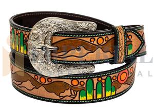 Ceinture en cuir pleine fleur peinte à motif géométrique, style occidental, avec boucle ardillon argentée, motif géométrique, style décontracté, vente en gros - Product Image 3
