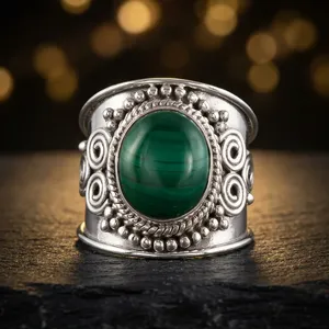 Bracelet large en argent sterling 925 avec malachite, fait main, style vintage, bijou tendance pour femme, cadeau - Product Image 3
