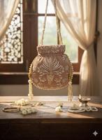 Sac Potli en velours brodé à la main indien avec poignée en perles, motif floral, fermeture à cordon, capacité 1L, forme régulière, sangle unique