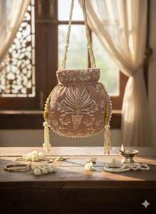 INDIAN Hand Embroidered Velvet Potli <b>Bag</b> With Pearl Handle Luxury Bridal Wedding Festive Evening Gift <b>Accessory</b> - Product Image 4