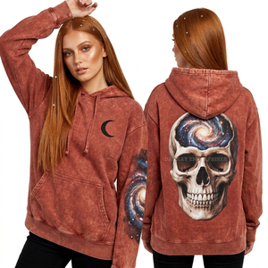 Sweat-shirt personnalisé pour femme, style vintage, à capuche, motif crâne et constellations galactiques, violet foncé, délavé à l'acide, imprimé étoiles, esthétique céleste - Product Image 2