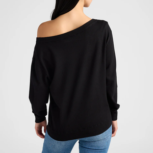 Haut d'hiver noir pour femmes, style décontracté, coupe ajustée, respirant, à manches longues, avec broderie frontale et épaules dénudées, pour la mode streetwear élégante - Product Image 2