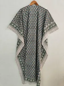 <b>Boho</b> Chic Gray Hand Block Floral Print Kaftan Maxi <b>Dress</b> V-neck Women’s Relaxed Fit Cotton Casual <b>Summer</b> <b>dress</b> - Product Image 4