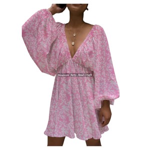 Vestidos Personalizados para Mujer, Elegantes, Retro, Cuello en V, Midi, Casuales de Verano, Estampado a Mano, Cuello en V Profundo, Estilo Linterna - Product Image 2