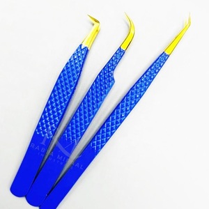 Gold Plasma Tip And Blue Color Stainless Steel Eyelash Tweezers Diamond grip 3 different Point And card <b>box</b> Packing Tweezer Set - Product Image 4