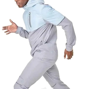 Conjunto Deportivo Cortavientos para Hombre al por Mayor, con Bloques de Color, Azul Claro y Gris, de Poliéster Transpirable, con Logotipo Frontal Personalizado - Product Image 3