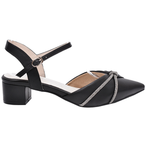 Chaussures à talons bloc Ann'S pour femme, en cuir véritable noir, à bout pointu, à enfiler, avec nœud en strass et bride de cheville, anti-frottement, chaussures de mode - Product Image 2