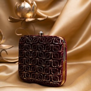 Maroon Based Golden <b>Sequins</b> Embroidery Clutch Bag Elegant Designer Evening Purse for Women Events - Product Image 2