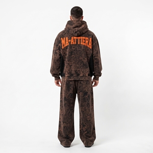 Ensemble de survêtement marron délavé pour homme, sweat à capuche zippé et pantalon de jogging ample, tenue streetwear personnalisée deux pièces - Product Image 4