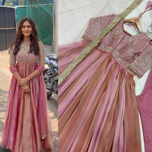 Pure Moss Silk Embroidered Gown With Dupatta And Bottom Full <b>Stitched</b> <b>Party</b> Wear Set - Product Image 4