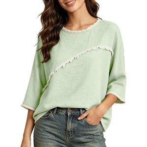 Chemises en coton et lin pour femmes, manches 3/4, blouses rétro en gaze effilochée, hauts à col rond brut, pour tous les jours - Product Image 1
