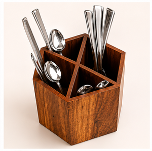 Handcrafted Hexagonal Wooden Cutlery Holder 4-Compartment Solid Wood Utensil <b>Caddy</b> & Silverware Organizer For <b>Kitchen</b> Countertop - Product Image 3