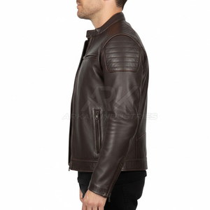 Veste moto en cuir véritable pour homme, col montant, fermeture éclair, coupe classique, style automne, marron foncé, couleur unie - Product Image 1
