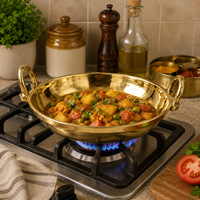 Kadhai Sajian Kuningan Poles Premium dengan Gagang Kuningan, Mangkuk Kari Tradisional India, Peralatan Masak Dapur Tahan Lama untuk Rumah dan Restoran