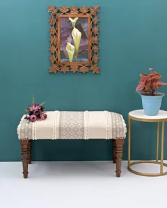 Handmade Wooden Bench with Handwoven Cotton Jute Seat Boho Farmhouse Upholstered Entryway Bench Ottoman for Home Decor - Product Image 3