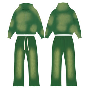 Ensemble de jogging 2 pièces personnalisé avec logo, sweat à capuche et pantalon 100 % coton, imprimé délavé vintage, sweat à capuche entièrement zippé et pantalon évasé - Product Image 4