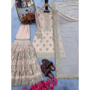 Robes de soirée Designer Heavy Faux Georgette avec Top Plazzo & Dupatta Pure pour fête Look élégant et élégant - Product Image 4