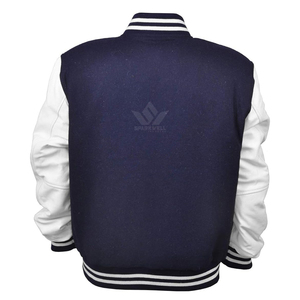 <b>Men's</b> Navy Blue Varsity <b>Jacket</b> With <b>White</b> Sleeves Preppy Style Button Closure Autumn Wear Regular Fit - Product Image 4