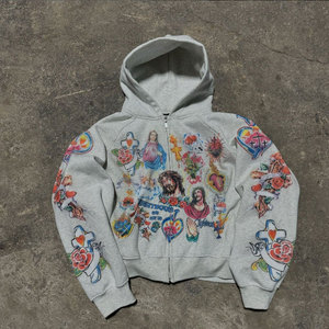 Boxy Dtg All Over Custom Print Full <b>Zip</b> <b>Hooded</b> Sweatshirt Zipper Oversized Heavy Weight 100% Cotton Graphic Drop Shoulder Hoodie - Product Image 3