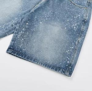 Men's Mid Waist Washed Denim Shorts Front Vintage Style Solid Pattern Spandex <b>Fabric</b> Drawstring Closure <b>Rhinestone</b> Decoration - Product Image 5
