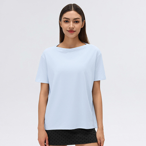 T-shirt en coton tricoté à manches courtes et col rond pour femme, vert clair, coupe ample, couleur unie, décontracté, pour le printemps et l'été - Product Image 2