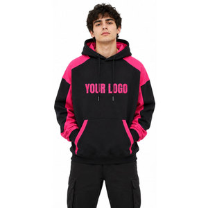 Unisex Hooded Raglan Sleeve <b>Sweatshirt</b> Black <b>Pink</b> Color Blocking Fleece Oversized Casual Autumn Wear Front Logo Print - Product Image 4