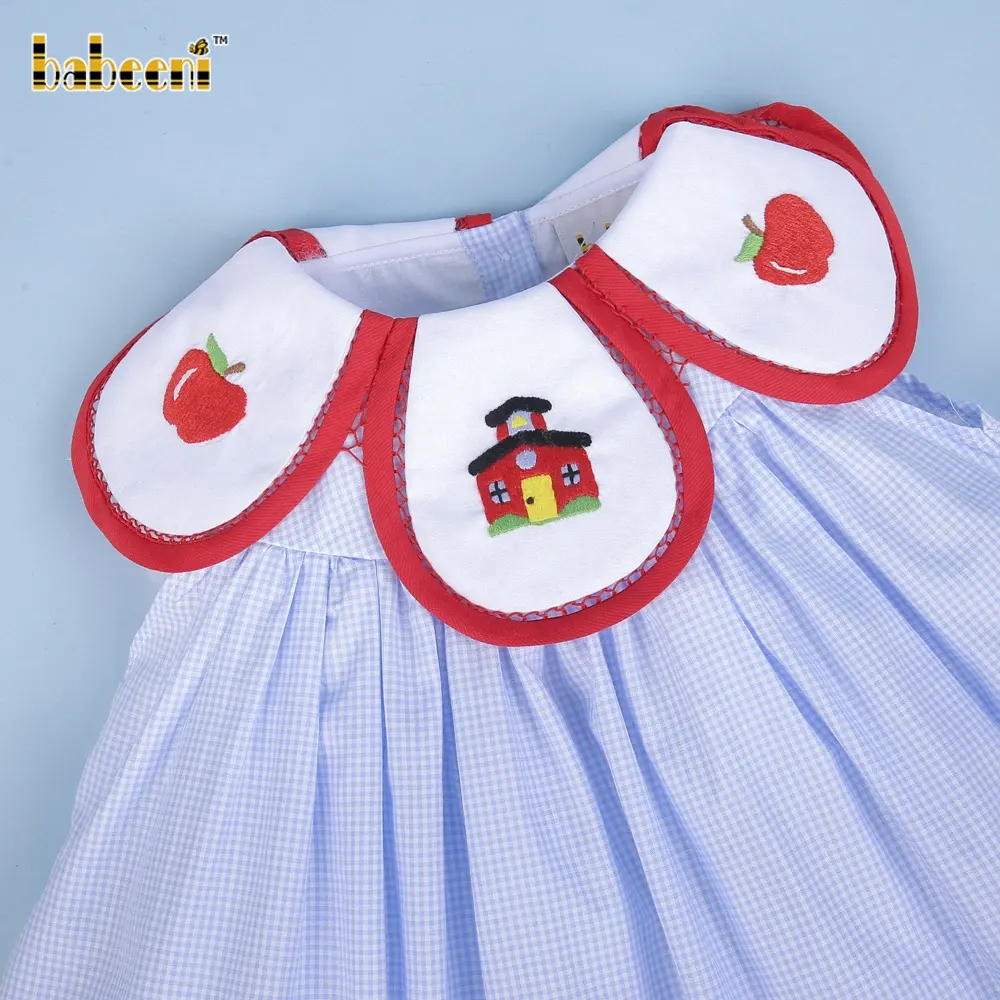 School and apple embroidery girl dress ODM OEM wholesale smocked girl dress high quality - BB2847