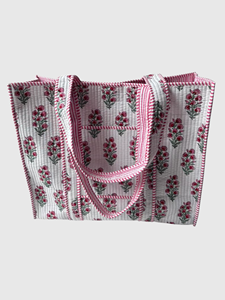 Sac fourre-tout en coton brodé de fleurs avec rayures roses, ouverture supérieure, sac de shopping pour femmes, utilisation toutes saisons - Product Image 3