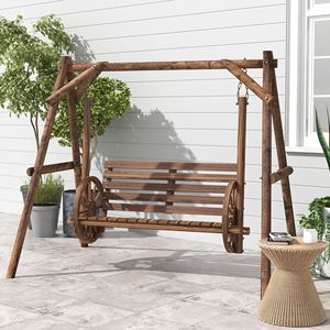 2-Seater Carbonized Brown Wooden Log Patio <b>Swing</b> Chair Bench with Wagon Wheel Armrests Porch <b>Swing</b> A-<b>Frame</b> Stand for Indoor Use - Product Image 2