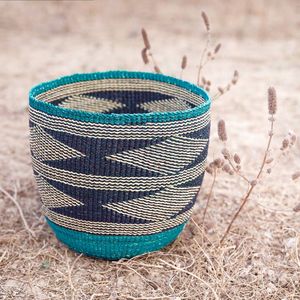 <b>Large</b> Capacity Woven <b>Storage</b> <b>Basket</b> with Teal Chevron Stripe Detail Handcrafted Seagrass Bin for Blankets and Toys - Product Image 2