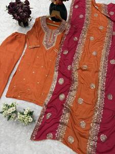 Salwar Kameez de Seda Naranja para Mujer con Dupatta Rosa Bordada, Largo hasta el Suelo, Sin Arrugas, para Fiesta, con Bordado Chinon y Encaje - Product Image 3