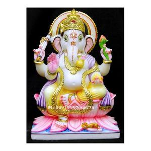 Statue de Ganesha artisanale en marbre Makrana, colorée, avec main de bénédiction, en position assise, pour la décoration de la maison et des temples. - Product Image 1