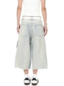 Wholesale Summer Unisex Hip Hop Breathable Mid Waist Denim Shorts <b>Black</b> Wash Baggy Work Vintage Raw <b>Edge</b> Casual Jorts Big Pocket - Product Image 4