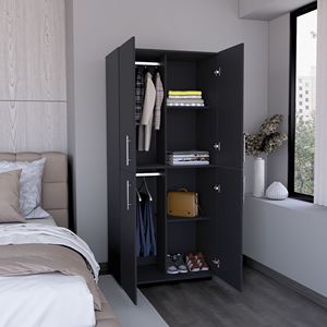 Armoire haute Hazel de 70 pouces à quatre portes et six étagères avec deux tringles de suspension pour rangement et organisation des vêtements dans la chambre - Product Image 4