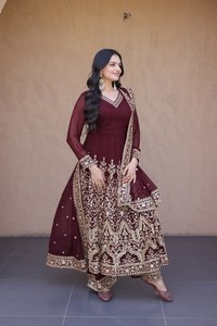 Ensemble indien pakistanais brodé vert, haut Anarkali à manches longues, pantalon palazzo, dupatta, tenue de fête - Product Image 4
