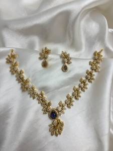 Gold Plated Sapphire <b>Necklace</b> and Earring Set Flower Design Classic Wedding Jewelry for Women Alloy Zinc Material - Product Image 2