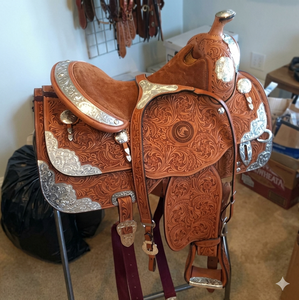 Western <b>Leather</b> Horse Saddle For Trail Riding Ranch <b>Work</b> Equestrian Use Hand <b>Tooled</b> Design With Comfortable Seat Riding Gear - Product Image 2
