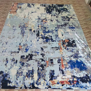 Modern Abstract Art Hand-Knotted <b>Carpet</b> Blue & Grey Cotton Indo Nepali Style Indo Nepali Style for Living Room - Product Image 1