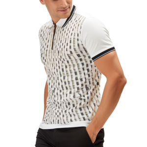 Men's <b>White</b> Short Sleeve Polo Shirt With Zipper Collar And Black Trim Casual Knitted Regular Fit Solid Color Breathable Design - Product Image 2