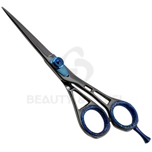 Tijeras Profesionales para Cortar Cabello Negro con Pivote de Tensión Azul, Borde Convexo Afilado, Tijeras de Barbero para un Estilizado Preciso - Product Image 2