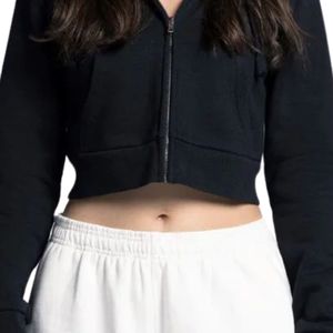 White <b>Cropped</b> <b>Zip</b> <b>Up</b> Drawstring Hoodie for Women Casual Long Sleeve Fleece Hooded Sweatshirt Custom OEM ODM Streetwear Jacket - Product Image 4